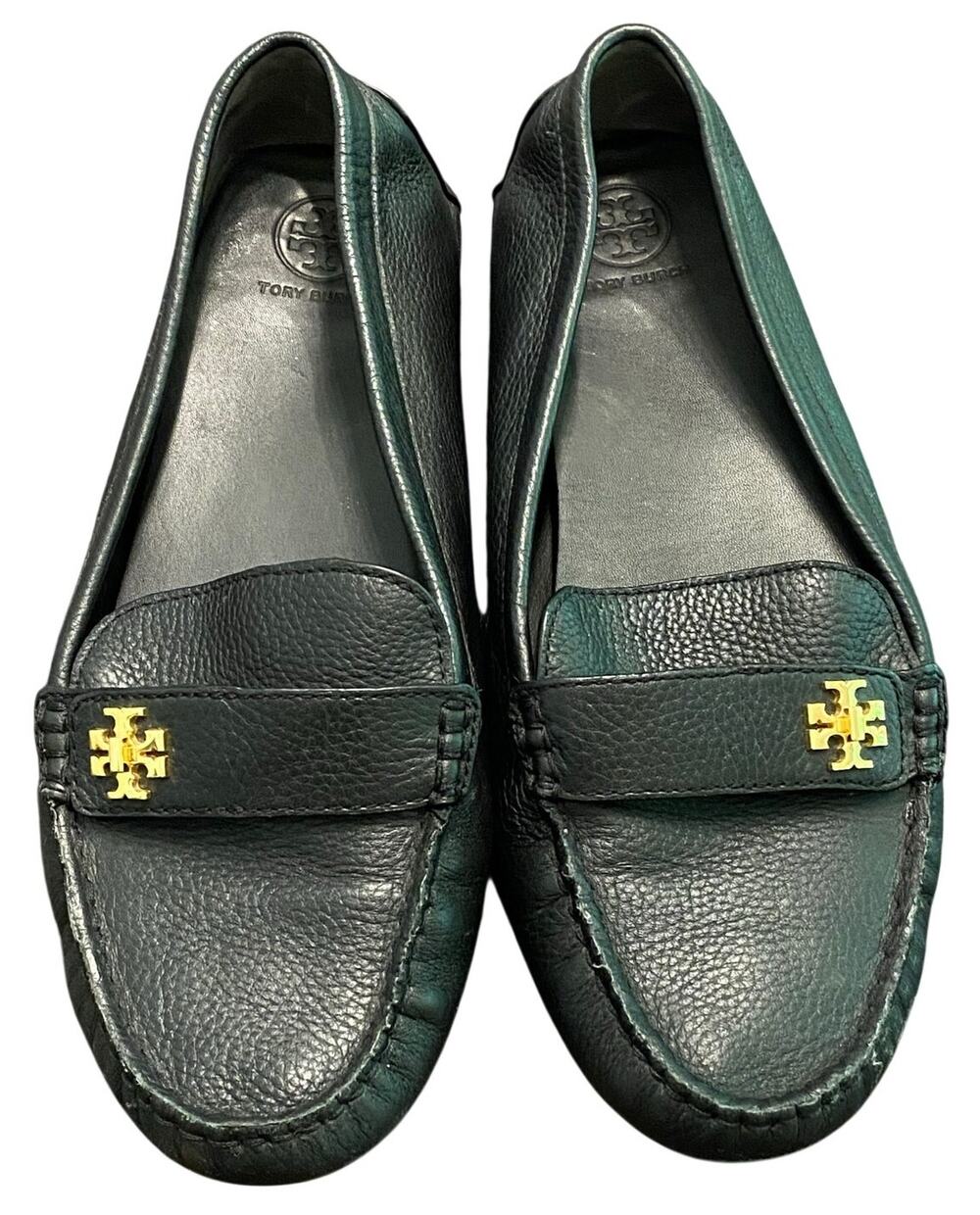 Tory Burch Black Pebbled Leather Driving Loafers Gold Logo Women's 11M Luxury
